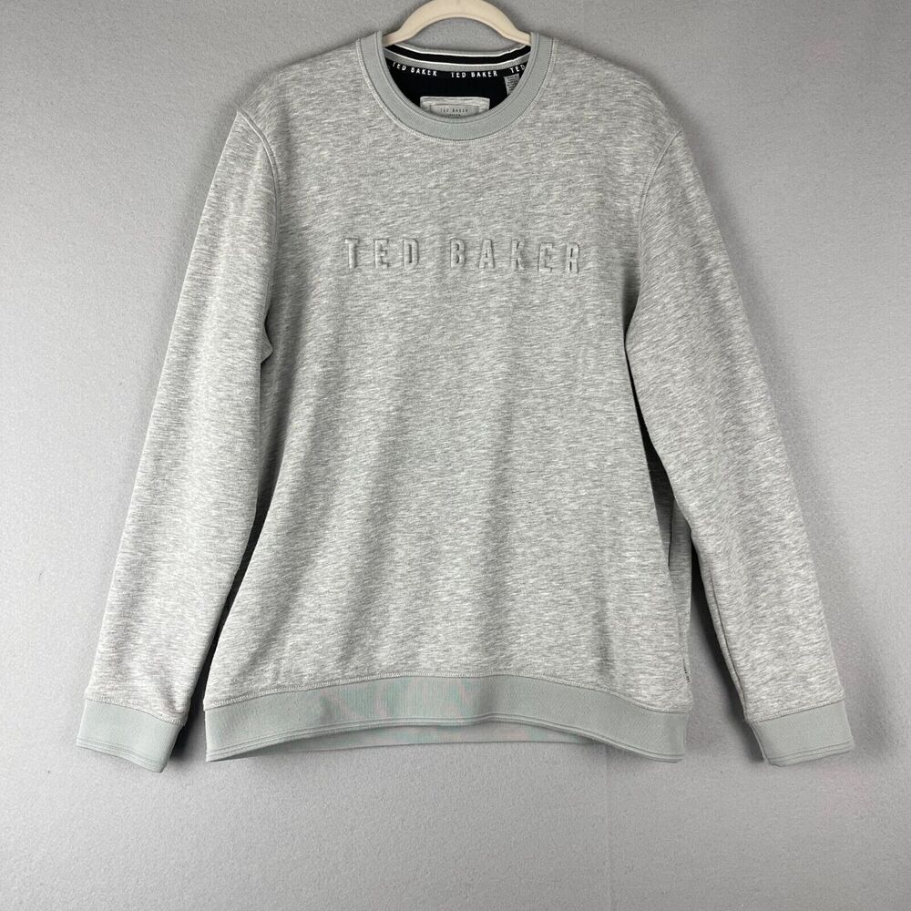 Ted Baker Embossed‎ Sweatshirt Mens XL 5 Gray Spellout Crewneck Casual